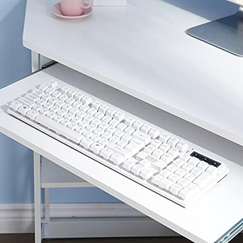 Corner Computer Desk – White Compact Triangle Table With Smooth Keyboard Tray & Storage Shelves For Study And Office