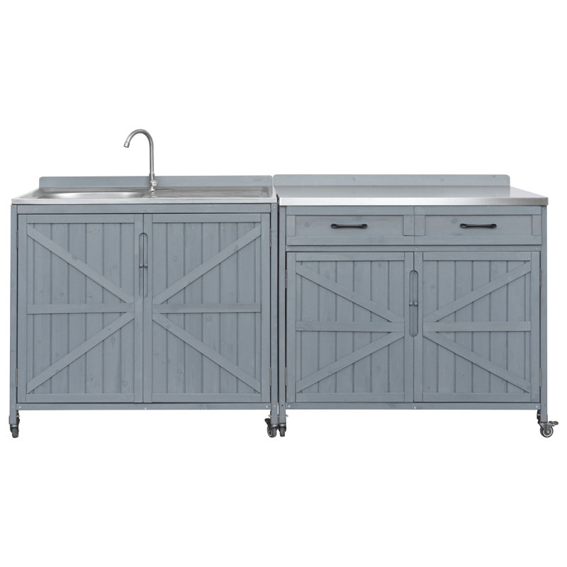 Chariot-bar modulaire en bois massif avec plateau en acier inoxydable 38,7 po H 2 pièces, Gris