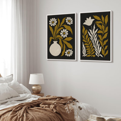 «Abstract Black Botanical Floral Botanical», impression sur toile encadrée 2 pièces