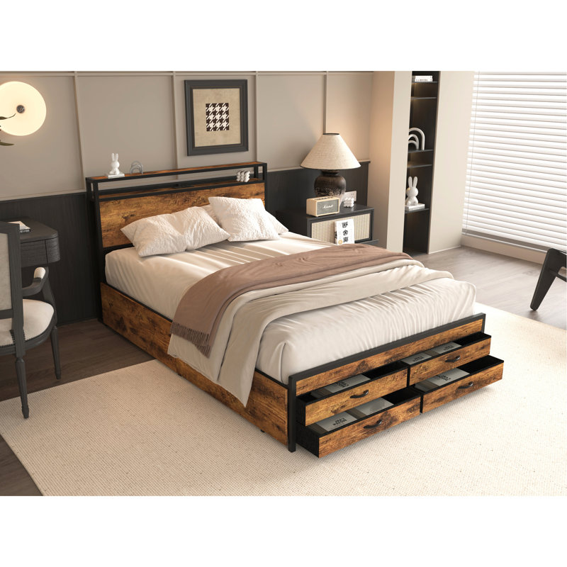 Queen Size Metal Bed Frame With 8 Storage Compartments, Led Headboard & Charging, No Box Spring, Noise-, Stable, Beige Brown Copper