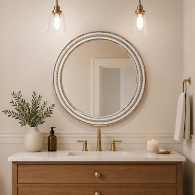 Beaded Textured Vintage Wood Round Wall‑Mounted Mirror, Farmhouse‑Style Decor Mirror for Bathroom Vanity, Entryway, Hallway, Living Room