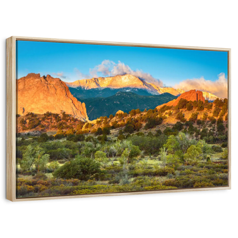 Paysage de montagne Pikes Peak, Cadre flottant en bois naturel, 19 po x 13 po