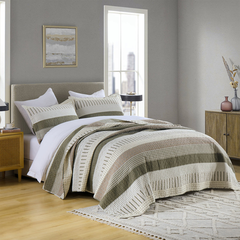 Ensemble de courtepointe 100% coton DUHOONG, Vert / Brun / Crème, Courtepointe très grand et 2 très grandes taies 