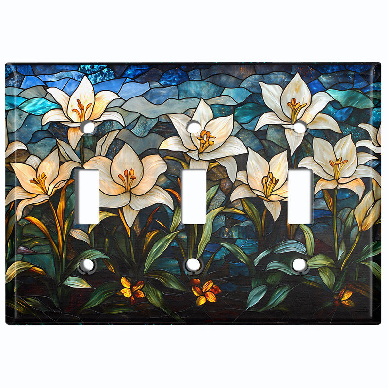 Couvercle de plaque d'interrupteur en métal; Bascule à 3 bandes standard des États-Unis - image imprimée de fleurs de lis en vitrail