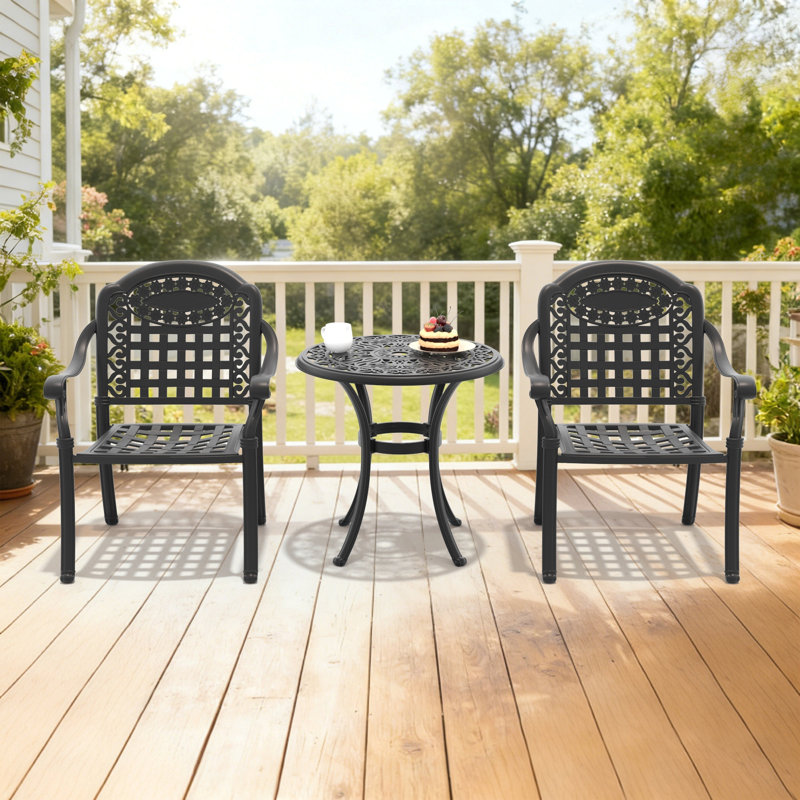 Ensemble de 3 meubles de patio en aluminium coulé avec cadre noir et coussins de siège bleus