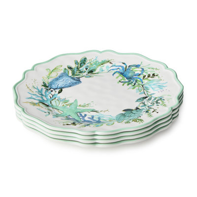 Ensemble de 4 grandes assiettes bord de mer en mélamine de 4 pouces de bord de mer avec bordures festonnées et motifs océaniques, idéales pour les repas à l'intérieur, à la plage, les repas d'été et les rassemblements sur le patio