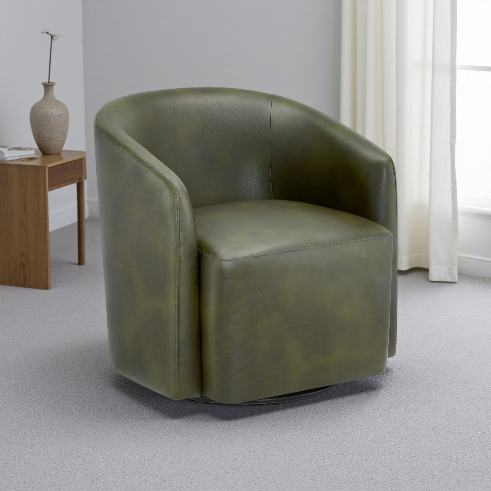 Armino Swivel Barrel Chair, Fern Green Faux Leather