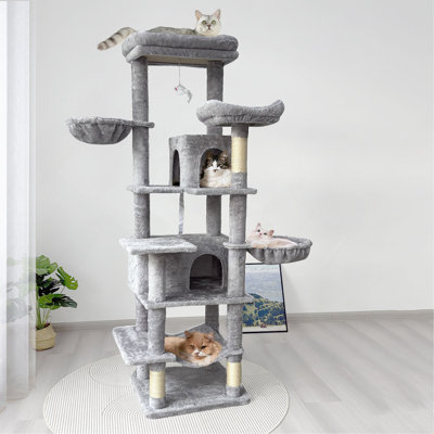 Arbre à chat de 68 po de hauteur à plusieurs niveaux avec hamacs, panier suspendu, grotte pour chat, coussin amovible, poteaux à griffer - tour de chat en peluche pour chats d'intérieur, parfait pour plusieurs chats