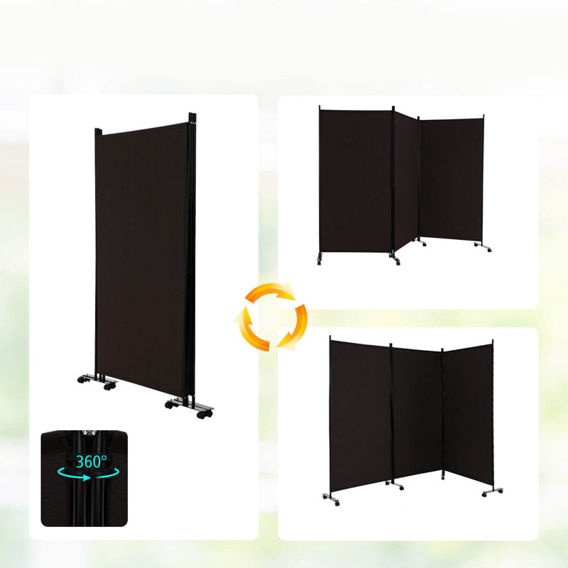 White 3-Panel Folding Room Divider with Lockable Wheels
