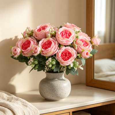 Bouquet de 4 pivoines artificielles, fausses pivoines avec boutons, idéal pour décorer une table de mariage ou un arrangement floral champêtre.