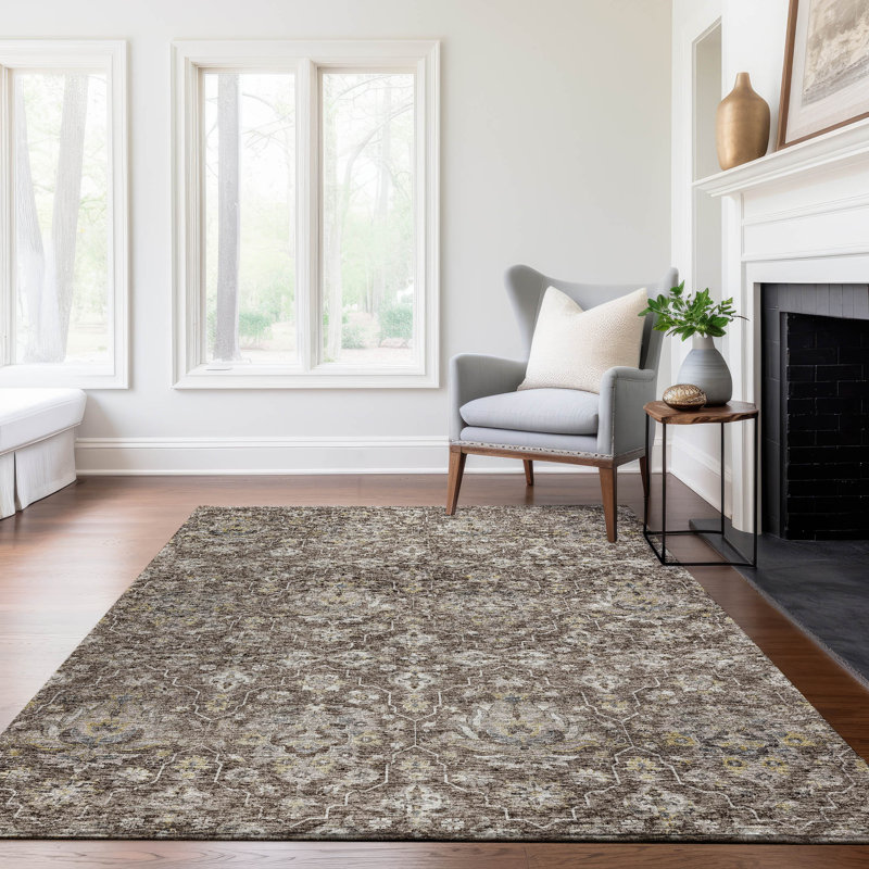 Tapis brun Premium Alliah AMF94 lavable à la machine, Rectangle 8 pi x 10 pi