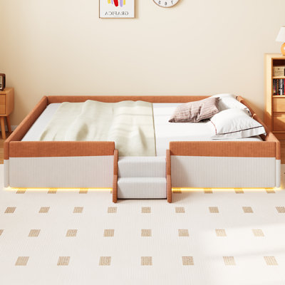 CloudHaven King Size Upholstered Kids Floor Bed with Fence, 2-Tier Steps and Smart LED Lights