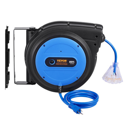 Retractable Extension Cord Reel, 80 FT, Heavy Duty 12AWG/3C SJTOW Retractable Power Cord with Lighted Triple Tap Outlet, 15 Amp Circuit Breaker 180° Swivel Bracket for Ceiling or Wall Mount