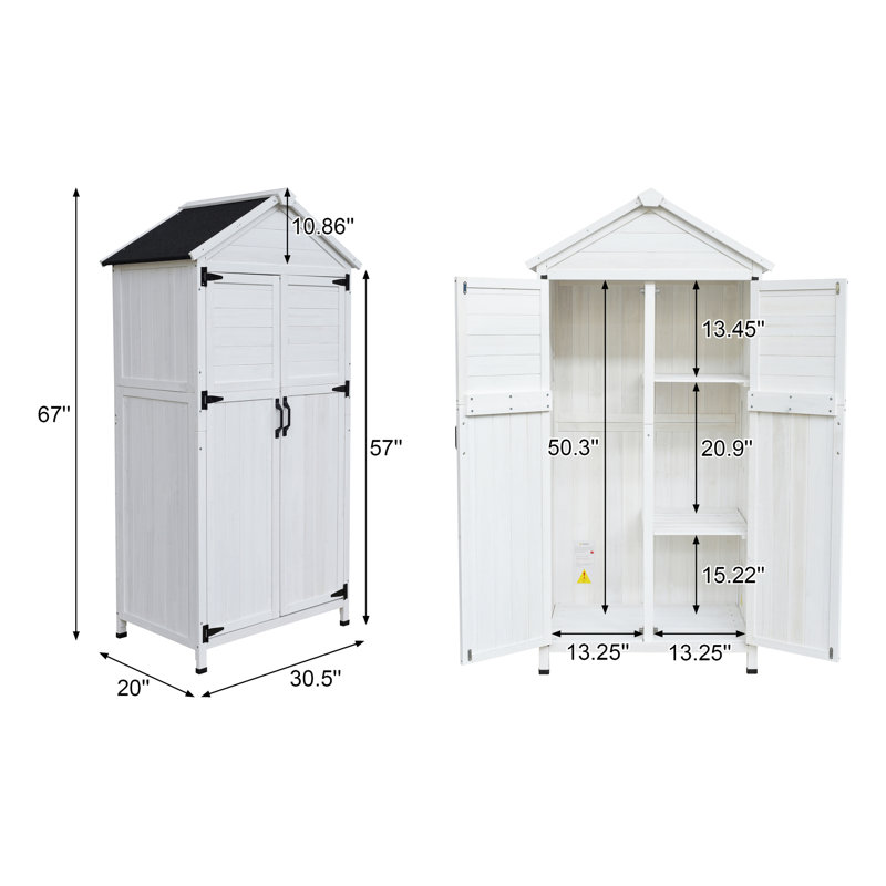 Rangement en bois de sapin blanc avec toit intelligent et accès à deux portes pour l'organisation de portes de jardin