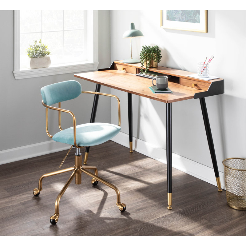 Chaise de bureau contemporaine en métal doré et velours bleu clair