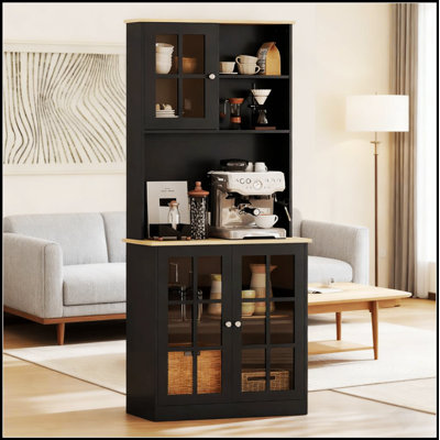 Freestanding Kitchen Pantry Cabinet with Glass Doors and Adjustable Shelves for Organized Storage and Display