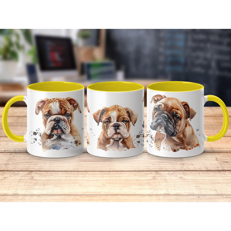 11oz Watercolour English Bulldog Design Coffee Mug, 2, Yellow
