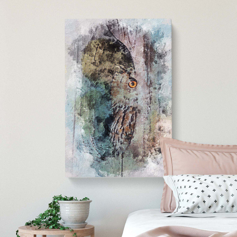 Peeping Great Horned Owl In Abstract - Wrapped Canvas, 60cm H x 40cm W x 3cm D