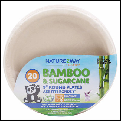 Eco-Friendly Bamboo and Sugarcane Round Plates, 9 Inches, 20 Count, Case of 12, Heavy Duty and Compostable