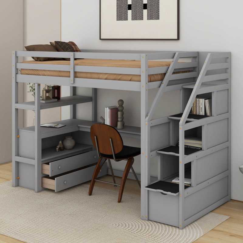 Lit mezzanine simple avec bureau et tablettes, Gris