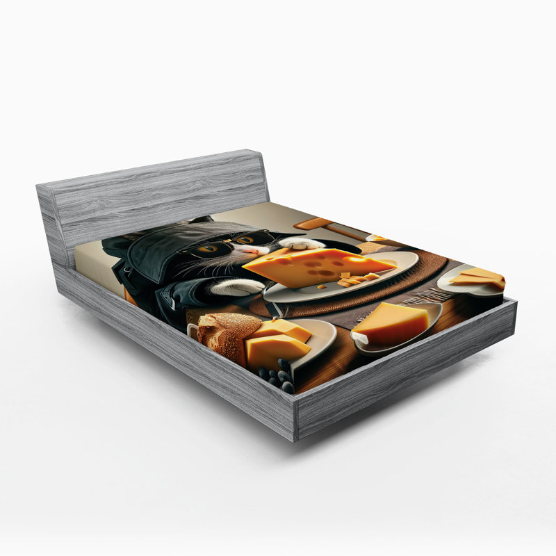 Drap-housse pour chat Ambesonne_ Chaton s'amusant avec du fromage_ Souci et gris anthracite