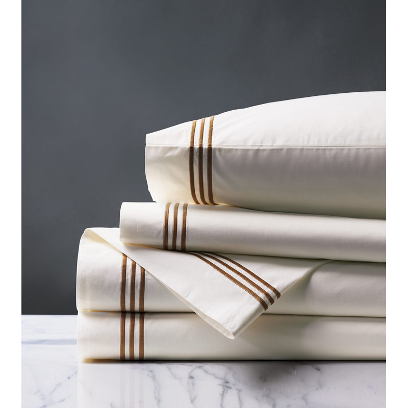 Tessa 100% Cotton Percale Sheet Set, King Sheet Set + 2 Pillowcases, Ivory/Brown