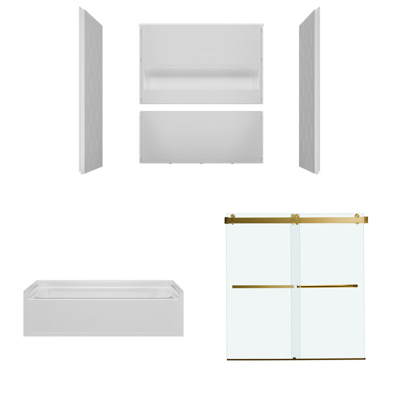 WOODBRIDGE 60" x 32" Alcove Soaking Bathtub & 4-Piece Direct-to-Stud Surround with Left Drain & 57.5–60" Frameless Double Sliding Tub Door with Soft-Close, Clear Tempered Glass, Matte Black
