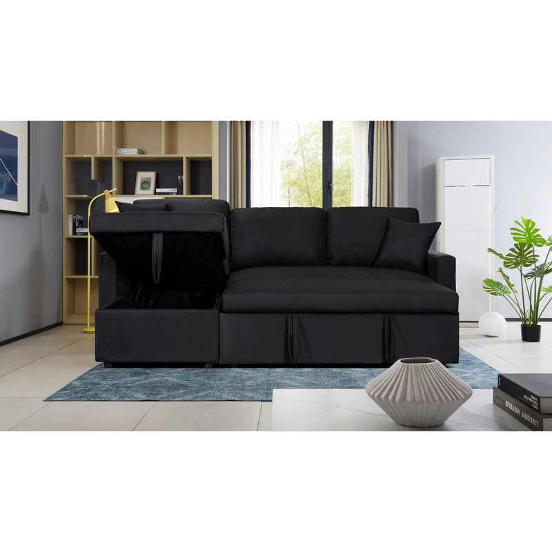McCoole Fabric Reversible Sleeper Sectional Sofa with Storage Chaise, Black Linen Blend