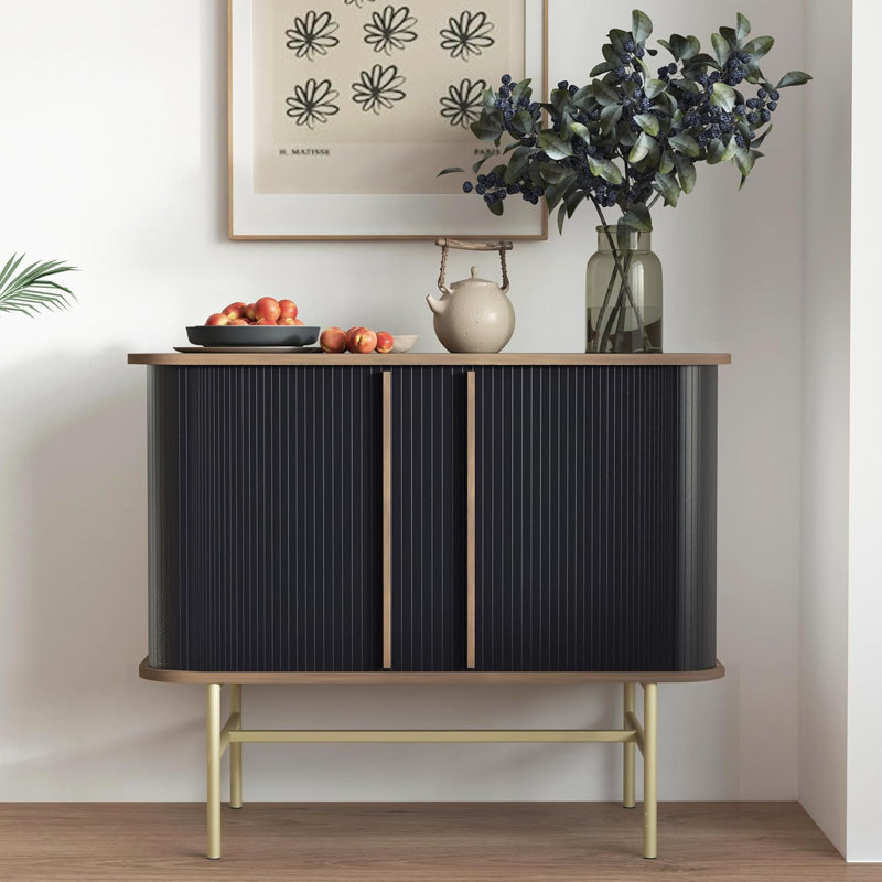 Buffet avec portes coulissantes, crédence moderne Mid-Century avec 2 portes tambour, armoire de rangement minimaliste pour le salon, console multimédia avec rangement,