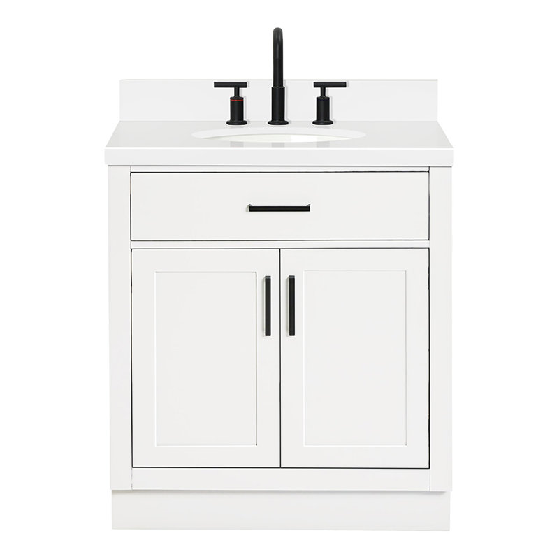 Thornaby 30'' Solid Wood Single Bathroom Vanity with 1.5'' Quartz Top, Oval, White  / Matte Black
