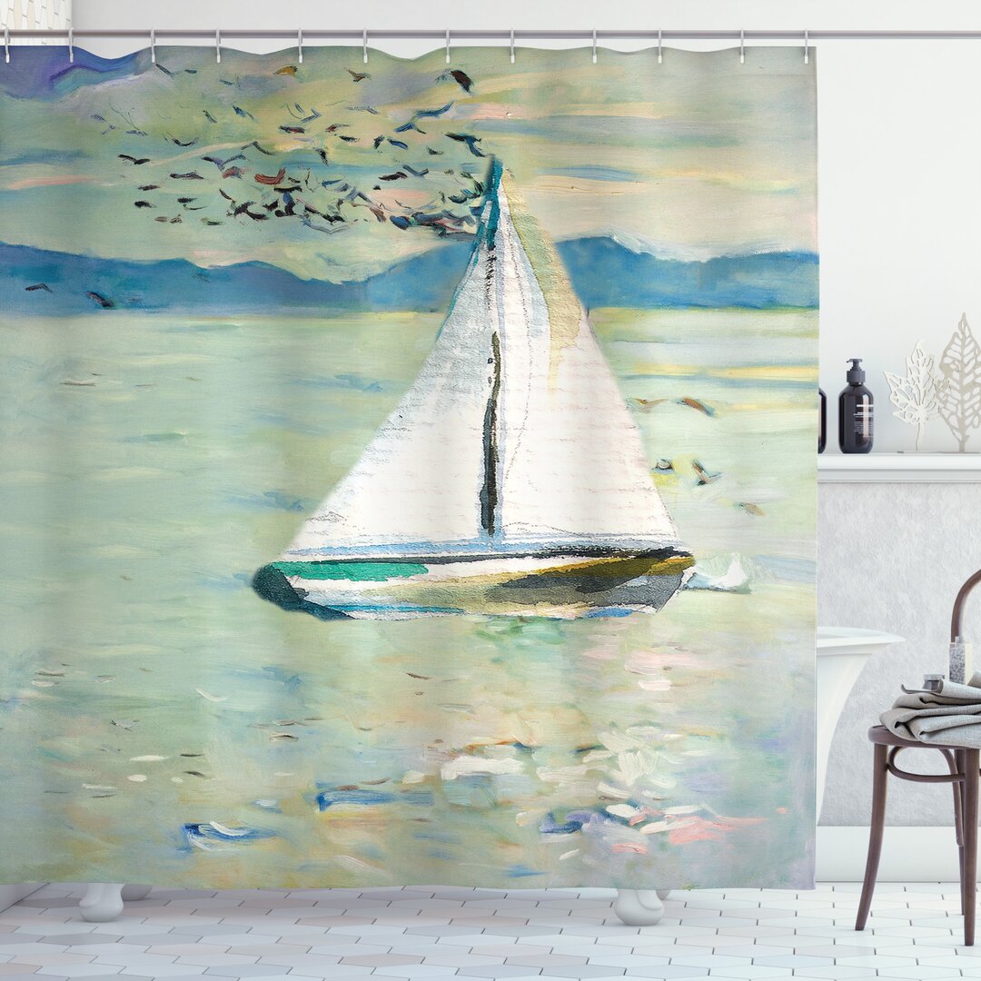 Duschvorhang, Monet Segelboot, Kunst, Pale Blue Teal und Weiß