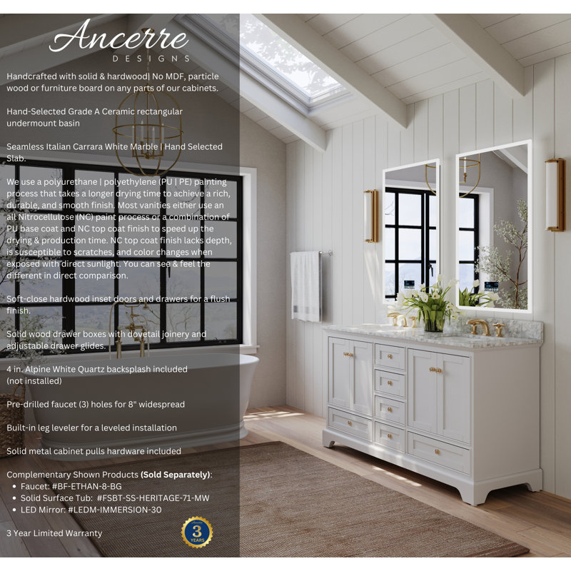 Audrey 60'' W Double Vanity, White/Brushed Gold, Carrara White Marble