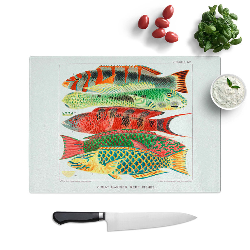 Glass Great Barrier Reef Fishes by W. Saville-Kent Chopping Board, 39 cm W x 28.5 cm L