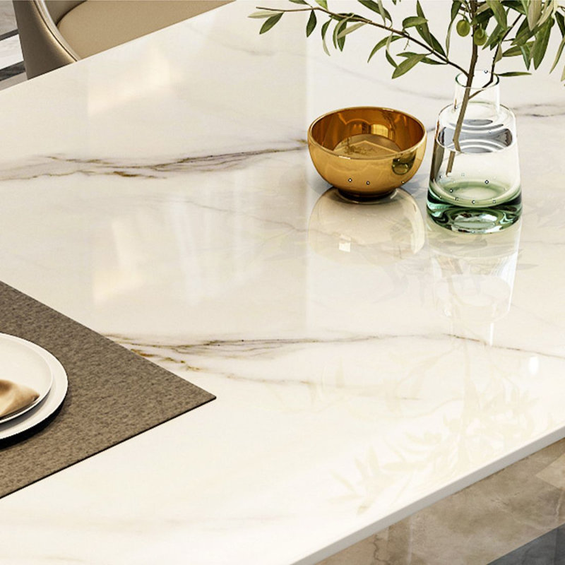 Plateau de table rectangulaire blanc en pierre frittée blanche avec table de salle à manger / cuisine en acier au carbone