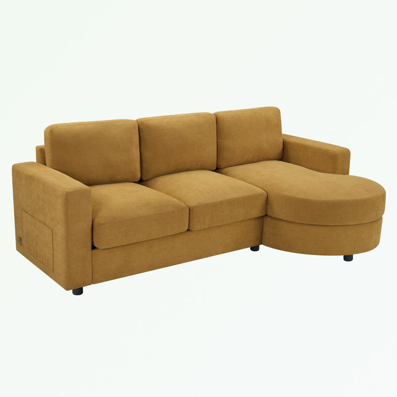 L-shaped Sofa with a Curved Chaise Lounge, USB Ports and Side Storage Pockets, Yellow Chenille
