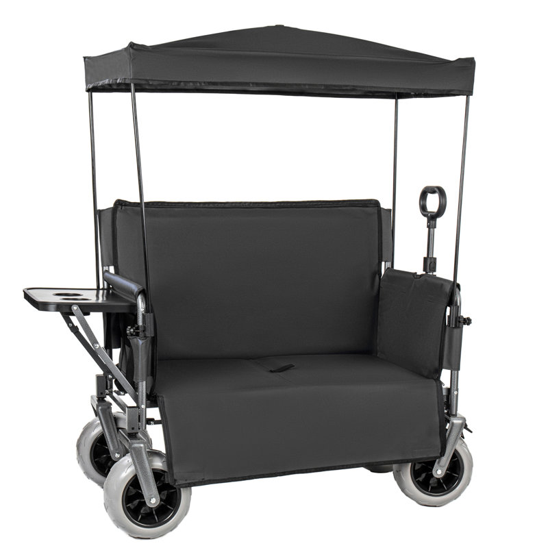 Chariot pliable convertible en banc 3-en-1 avec auvent et plateau de table pliable monté à l'arrière, Noir