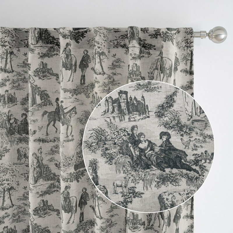 100% Blackout Toile Linen Curtains for Bedroom Double Layer Farmhouse French Country Vintage Printed Pattern Thermal Sound Lined Back Tab Living Room Drapes  2 Panels