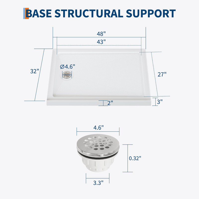 Base de douche 48 po x 32 po à simple seuil et drain à gauche, ABS léger avec plancher antidérapant, Left