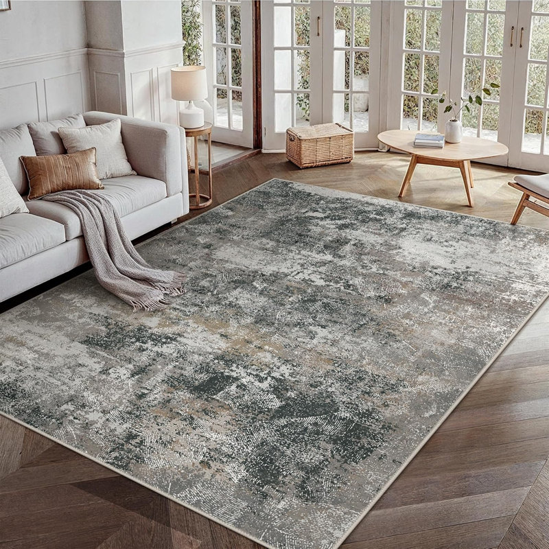 Modern Abstract Machine Washable Non-Slip Black Grey Indoor Area Rug, Black Gray, Rectangle 8' x 10'