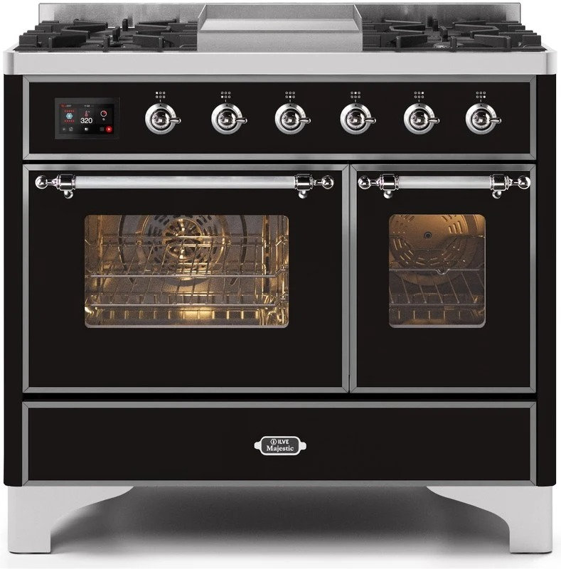 ILVE Majestic II Series 40 inch Dual Fuel Range with 6 Sealed Burners, Griddle (Glass Door), Gloss Black/Chrome