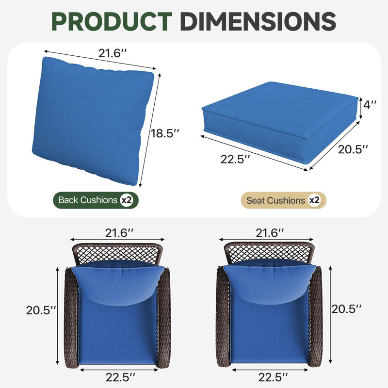 Housses de coussin de chaise de patio 8 pièces individuelles - 4 po d'épaisseur remplaçables hydrofuges pour canapé modulaire à 4 places