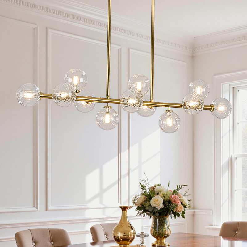 Lustre linéaire moderne en verre bullé à 12 lumières à intensité variable Spoutnik, Doré