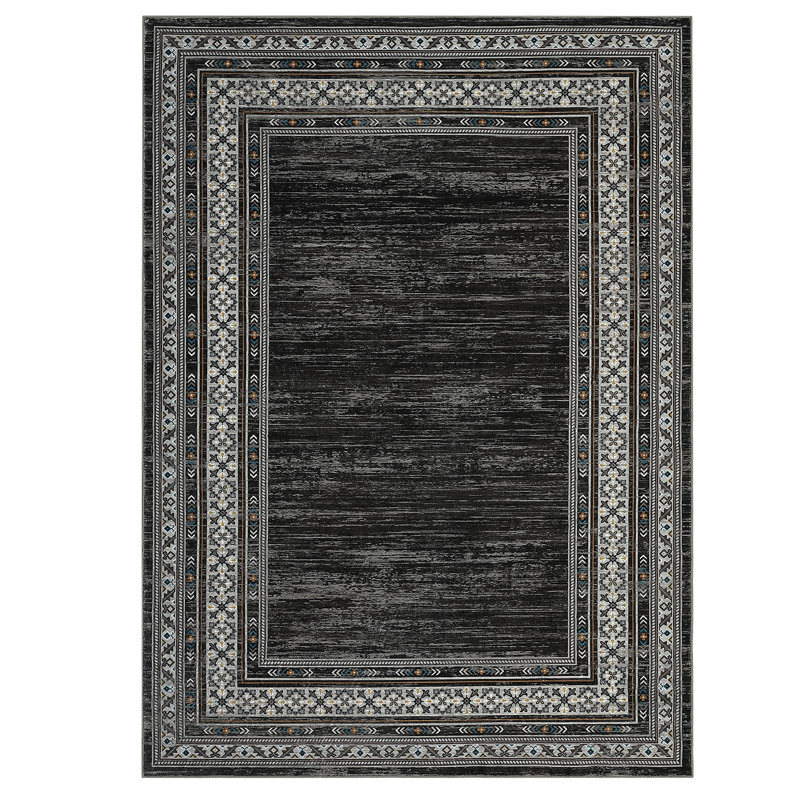 Rectangle Geometric Washable Area Rug, Black, Rectangle 160 cm x 230 cm