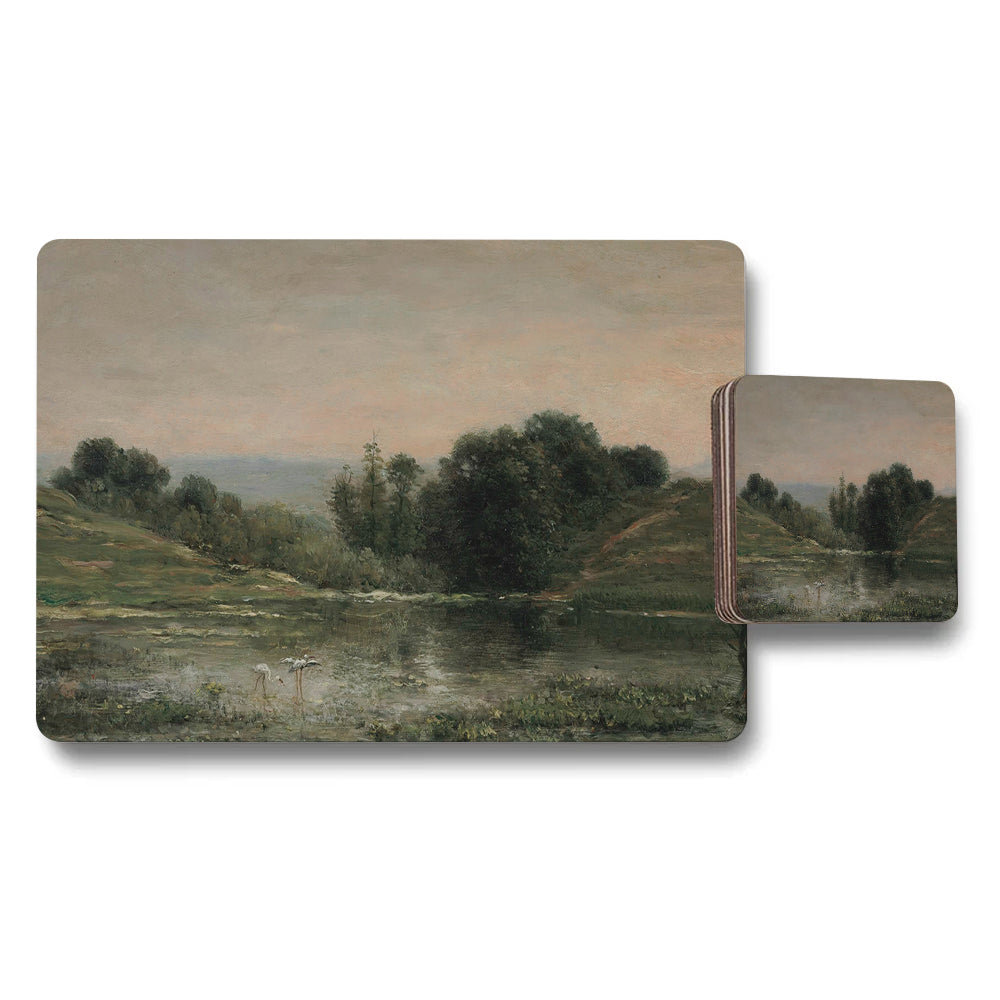 Placemat And Coaster Set With Landscape River Scene