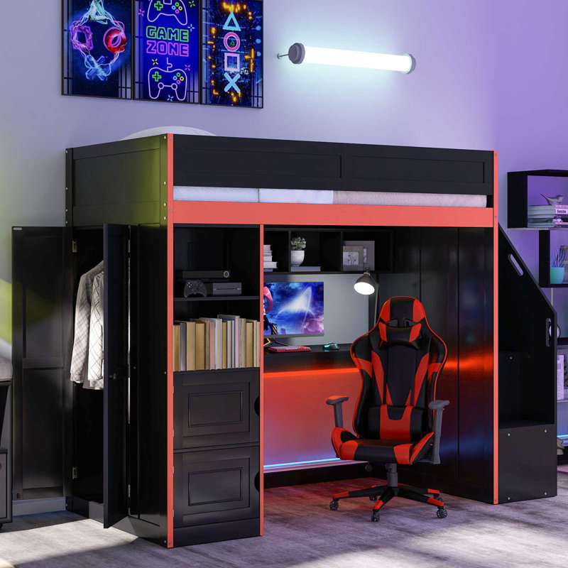 Twin-Size Gaming Loft Bed with Desk, Storage, and LED Lights – Modern Teen Bedroom Furniture, Twin