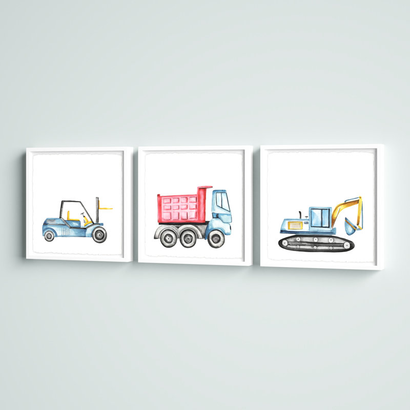 Kristi Construction Vehicles Triptych 3-Piece Set Framed Art, 12" H x 12" W x 1.5" D