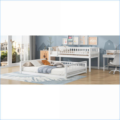 Twin XL Over Queen Pine Wood &amp; MDF Bunk Bed with Guardrails, No Box Spring Needed, White - Space-Saving for Small Rooms