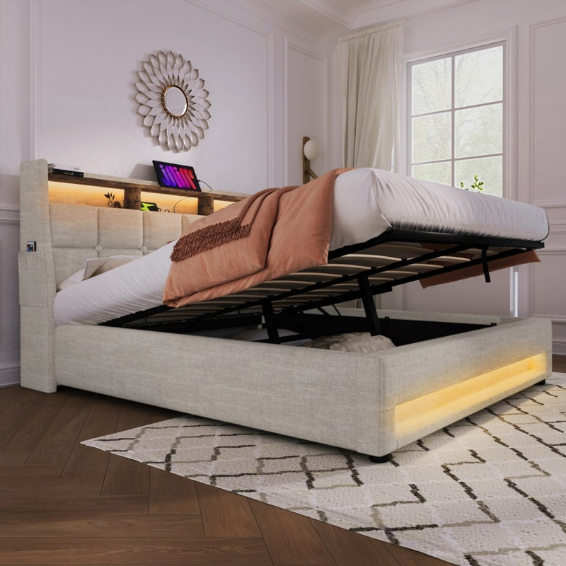 Grand lit plateforme tapissier avec rangement hydraulique, DEL et amp; USB - aucun sommier requis, support solide, Naturel
