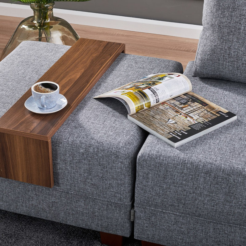 Canapé-lit et chaise longue 82,7 po Haleah, 100 % polyester gris, Accoudoir à gauche (vu de face)