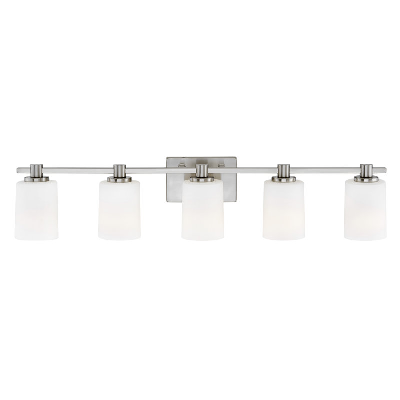 Karlie 5-Light Bath Vanity Fixture with Etched Cylindrical Shades, Silver/White